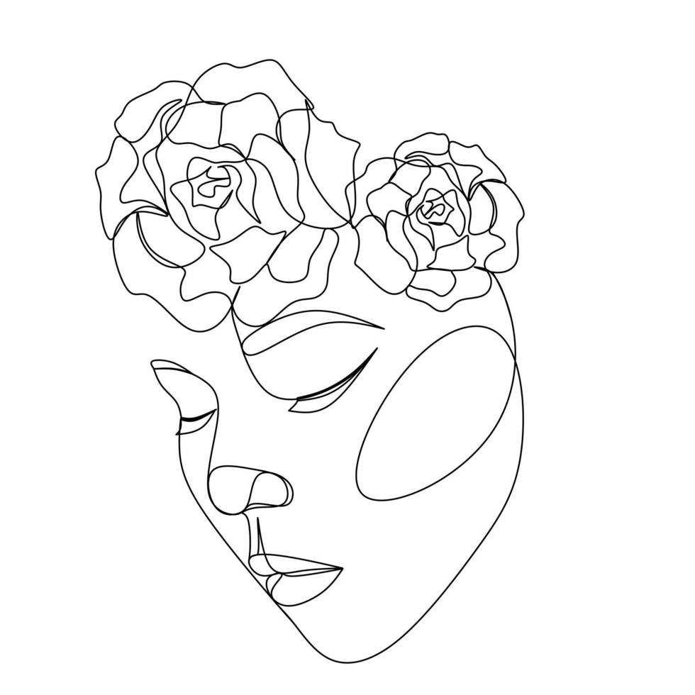 Women face with flowers one line drawing. Women and rose. Beauty and fashion. Vector illustration