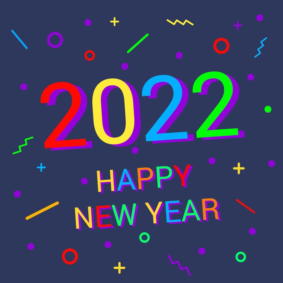 Feliz año nuevo 2022 tarjeta de felicitación con letras de colores brillantes y forma geométrica. vector