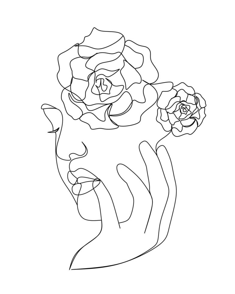 Women face with flowers one line drawing. Women face and rose
