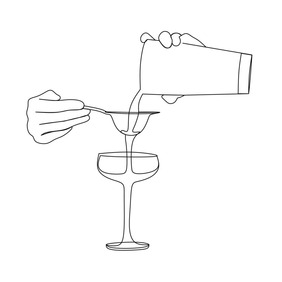 línea continua de camarero vierte alcohol de botella en vaso. dibujo minimalista de la mano del camarero. vector