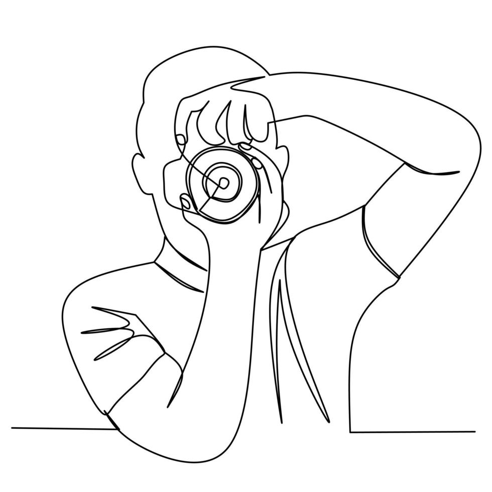 Continuous line drawing photographer taking photos. Man holding camera. Vector illustration