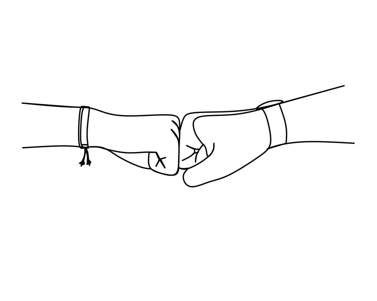 Continuous line of two person bumping fist. Team work, partnership, friendship, passion, spirit hands gesture sketch concept. Vector illustration