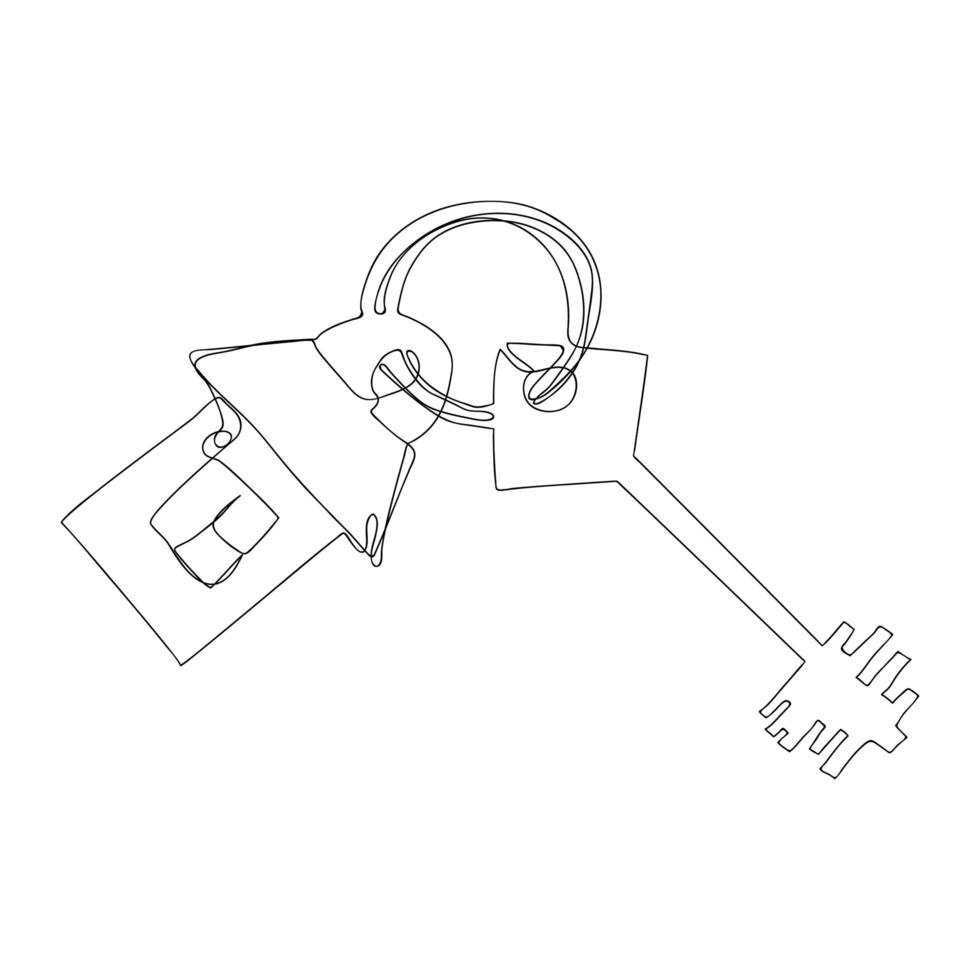Continuous line drawing key with house keychain, mortgage concept. Vector illustration.