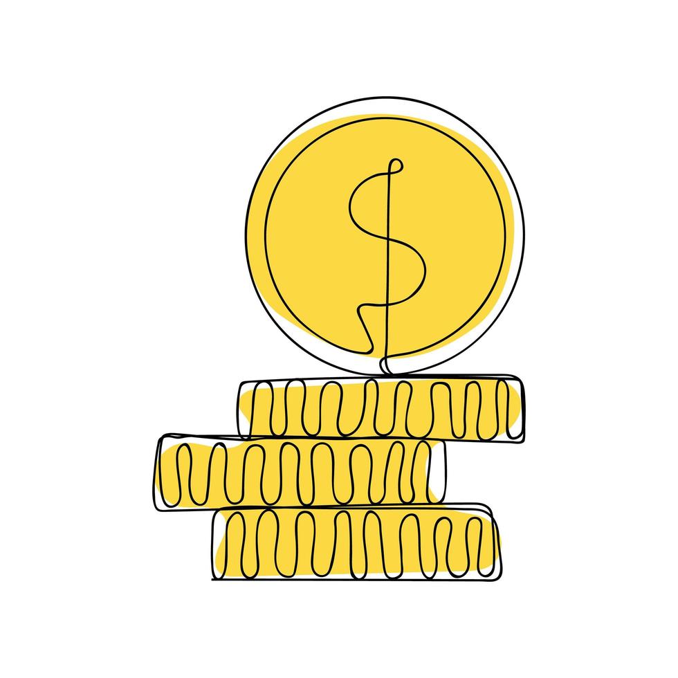 Stacks of coins penny cents. Continuous one line drawing. Vector illustration