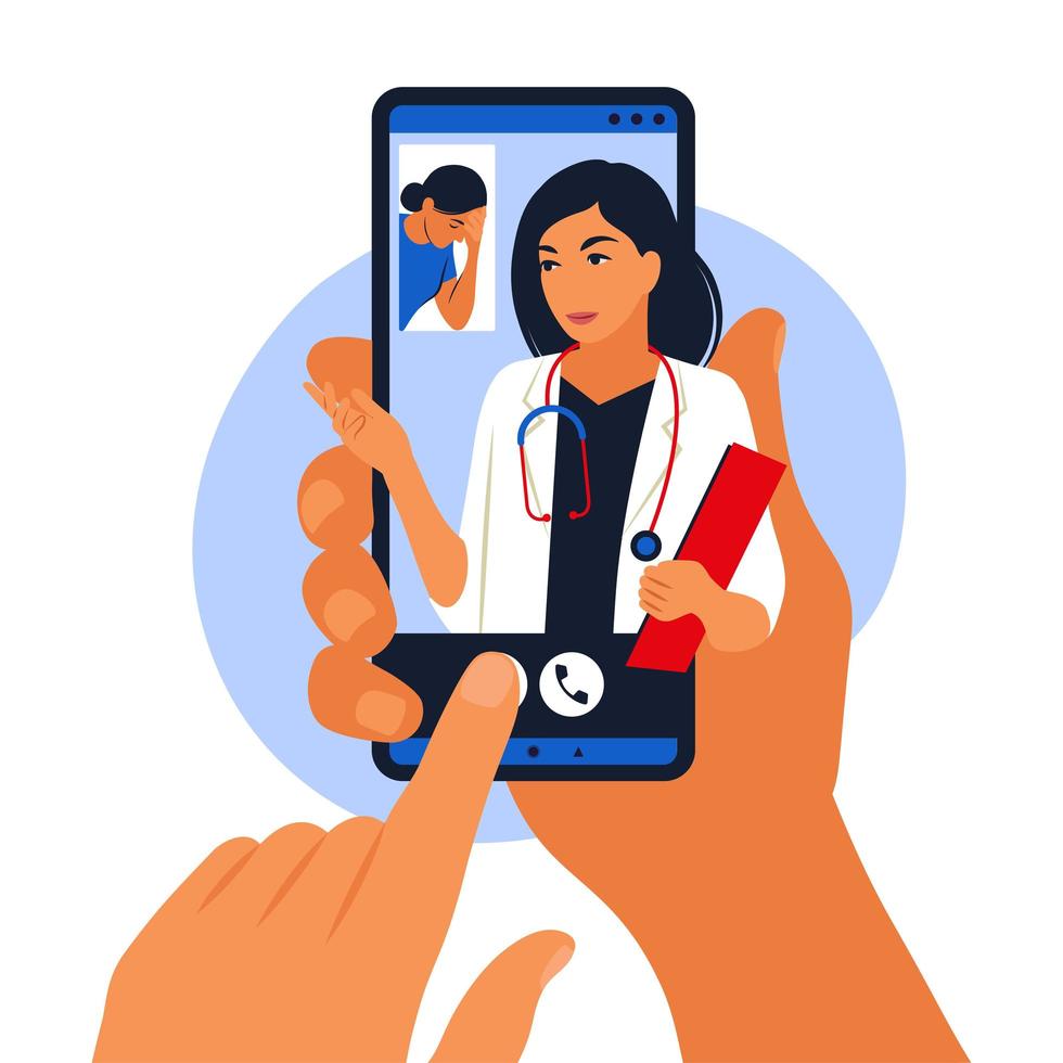 Online doctor and medical consultation concept. Female doctor helps a patient on a mobile phone. Mobile application. Vector illustration. Flat.