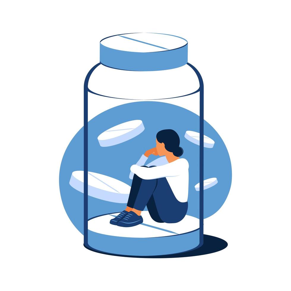 Concept of antidepressants. Depressed woman is sitting trapped in a pill bottle. Medicine. Addiction. Flat. Vector illustration.