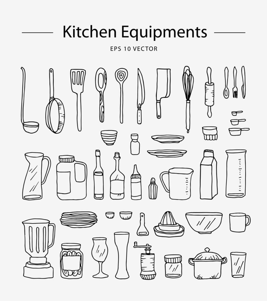 A set of kitchen objects vector line illustration