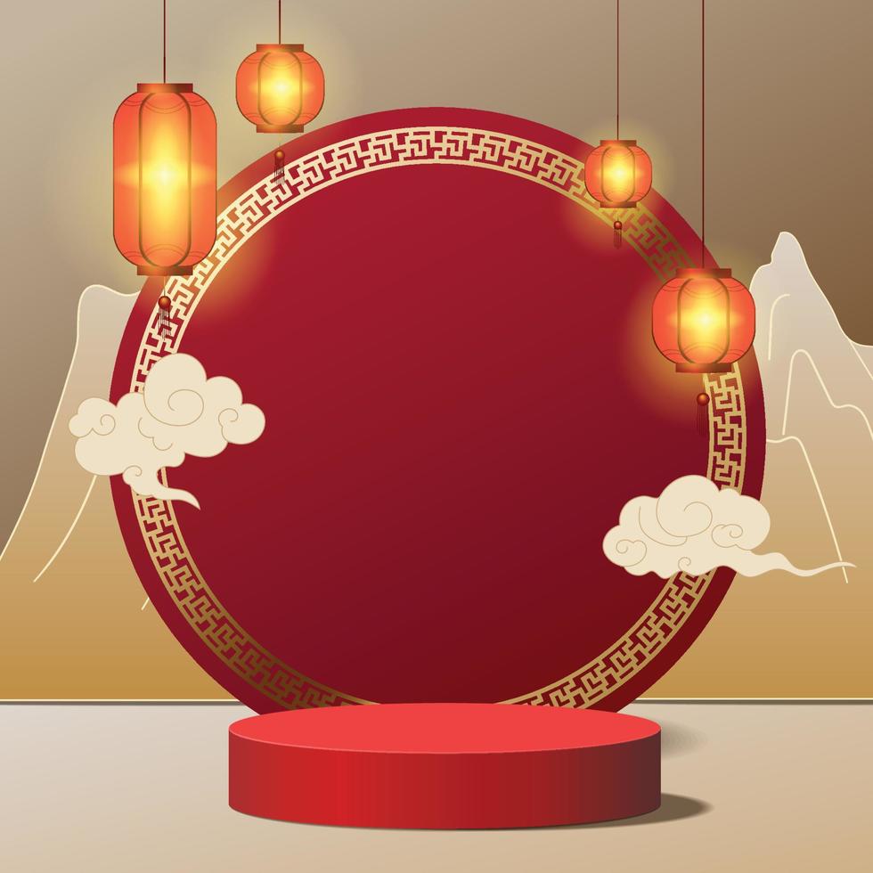 Abstract minimal mock up scene. podium for show product display. stage pedestal or platform. Chinese new year red background . 3D vector