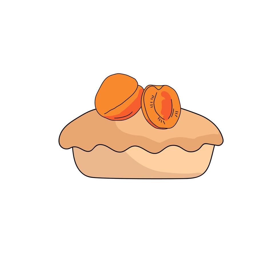 pastel de melocotón estilo doodle, pastelería dulce con fruta jugosa brillante en la parte superior vector