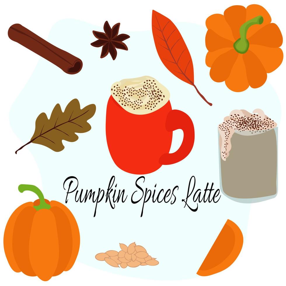 Latte de especias de calabaza, juego de tazas con bebida de otoño, calabazas, especias y hojas vector