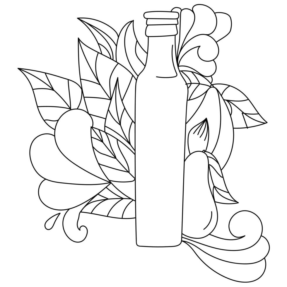 Página para colorear de aceite de aguacate, botella de aceite, hojas de aguacate y frutas alrededor vector