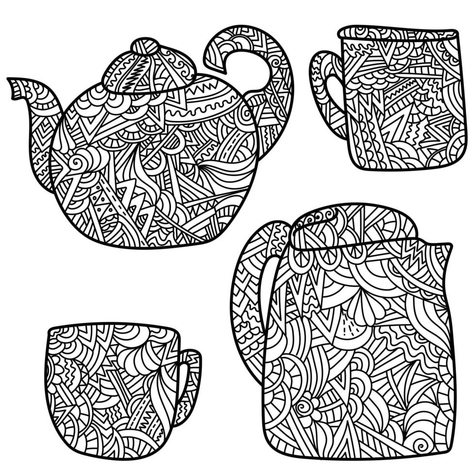 Zen teapots and cups, ornate crockery set for coloring page or decor vector