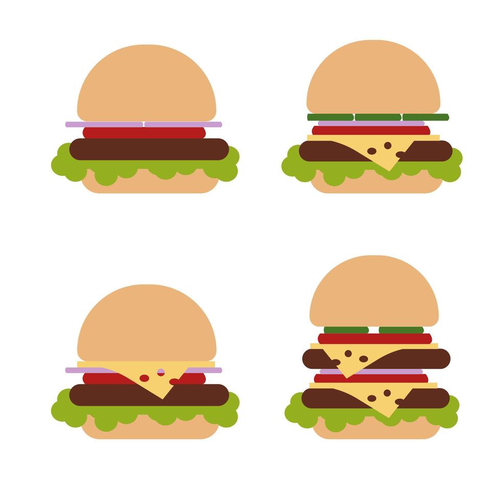 hamburguesa en estilo plano, diferentes tipos de comida rápida con chuleta y otros ingredientes vector