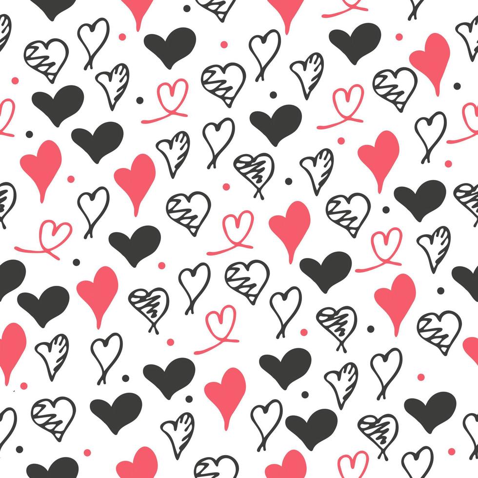 Hand drawn doodle red, black and outline hearts seamless pattern on white background. Vector illustration