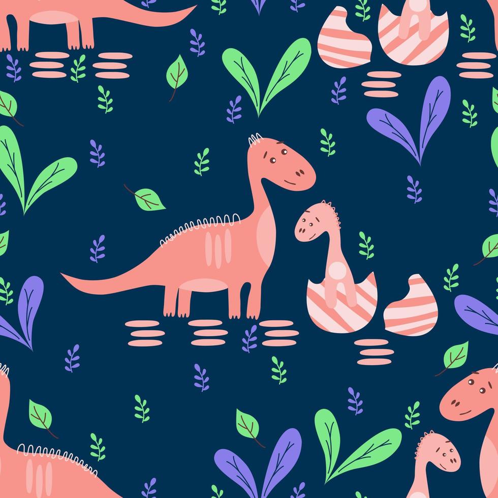 Seamless pattern with dinosaurs and plants elements. For fabric, wallpaper, wrapping paper. Cartoon vector illustration.