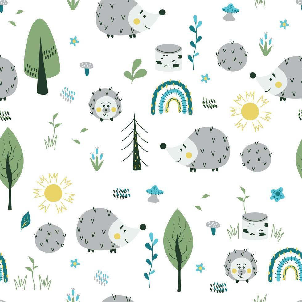 Seamless pattern with hedgehogs, trees, rainbow and so on. Cute childish vector illustration.