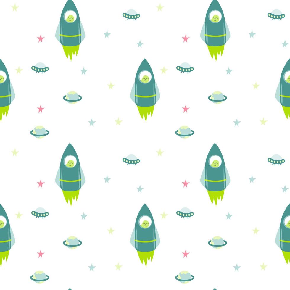 Vector children's seamless pattern on a space theme. Rocket, planet, star.