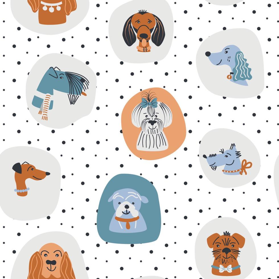 Seamless pattern with cute dogs, polka dot. For children and pets. Vector illustration.