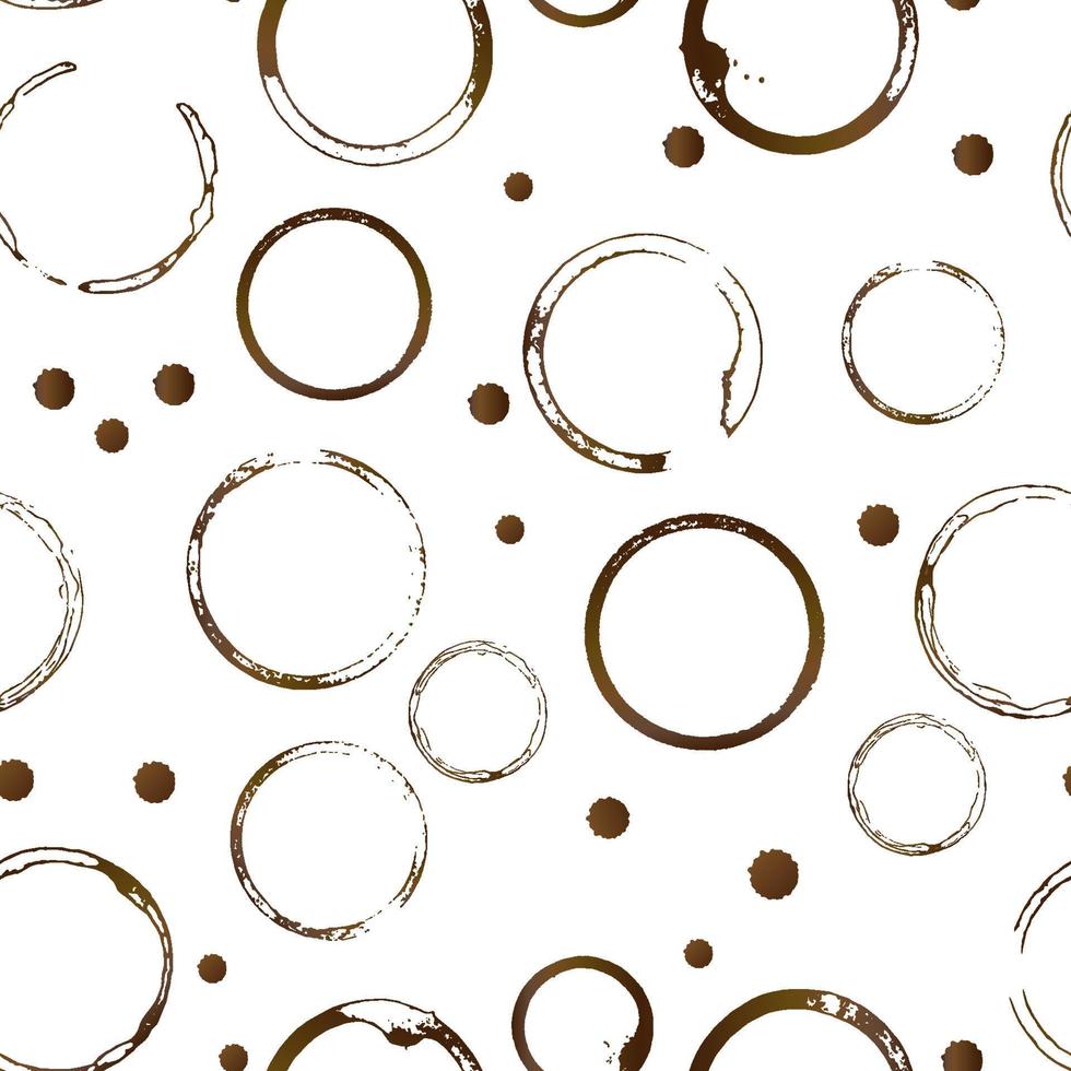 Coffee cup bottom rings seamless pattern. Brown shape of coffee stains and drop splashes isolated on white. Grunge circles and splatter. vector
