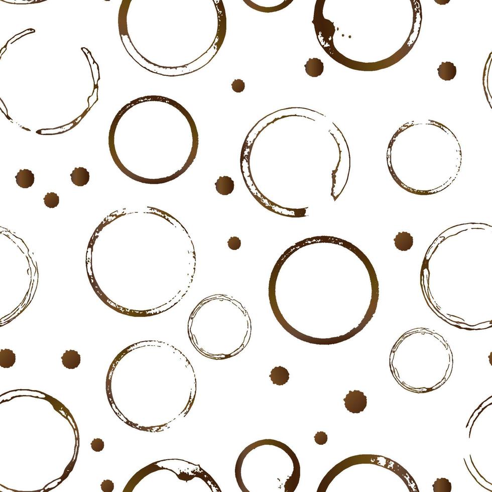 Anillos inferiores de la taza de café de patrones sin fisuras. forma marrón de manchas de café y salpicaduras de gota aislado en blanco. círculos grunge y salpicaduras. vector