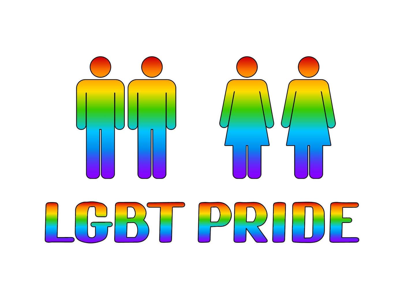 LGBT pride rainbow lettering with icons of homosexual couples people. Gay and lesbian rights concept. LGBTQ Pride day or month vector illustration. Template for typography poster, banner, flyer.