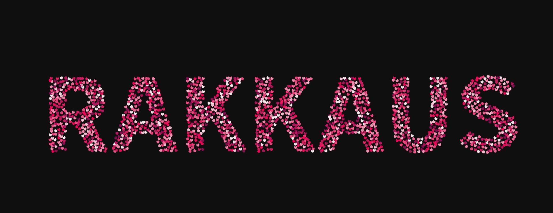 The word Rakkaus made of little hearts shades of red and pink on black background. Love in Finnish language. Valentine s day typography poster. Vector illustration. Easy to edit template.