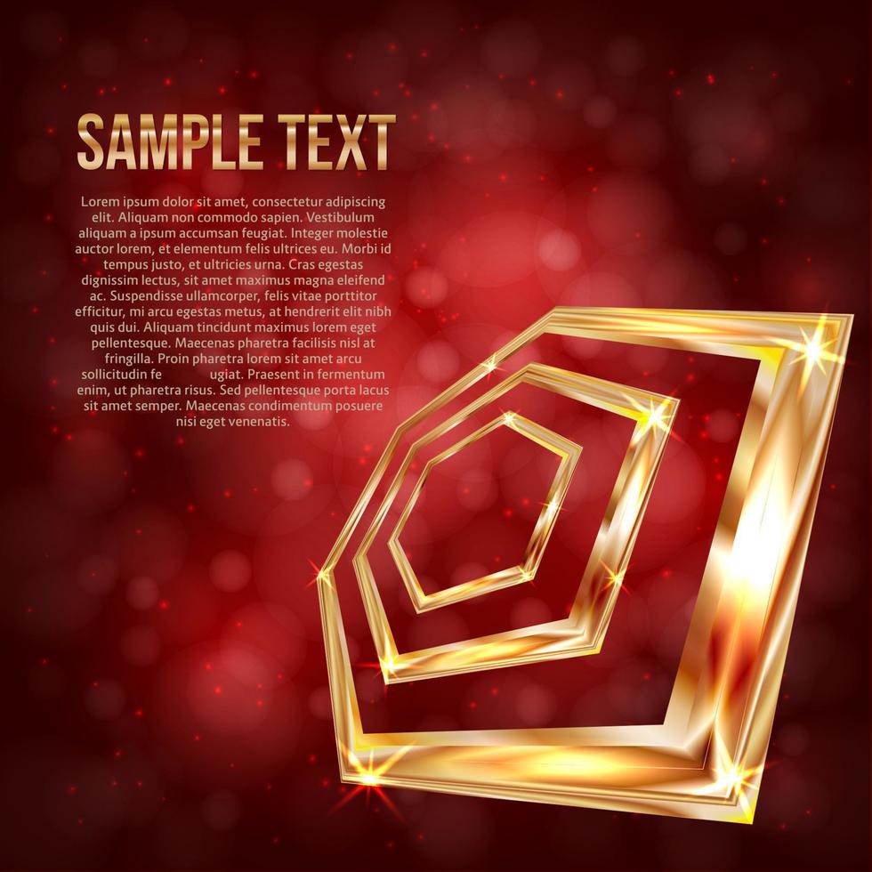Bright golden hexagon on a red background with bokeh. Luxury vector illustration. Easy to edit design template for your business projects.