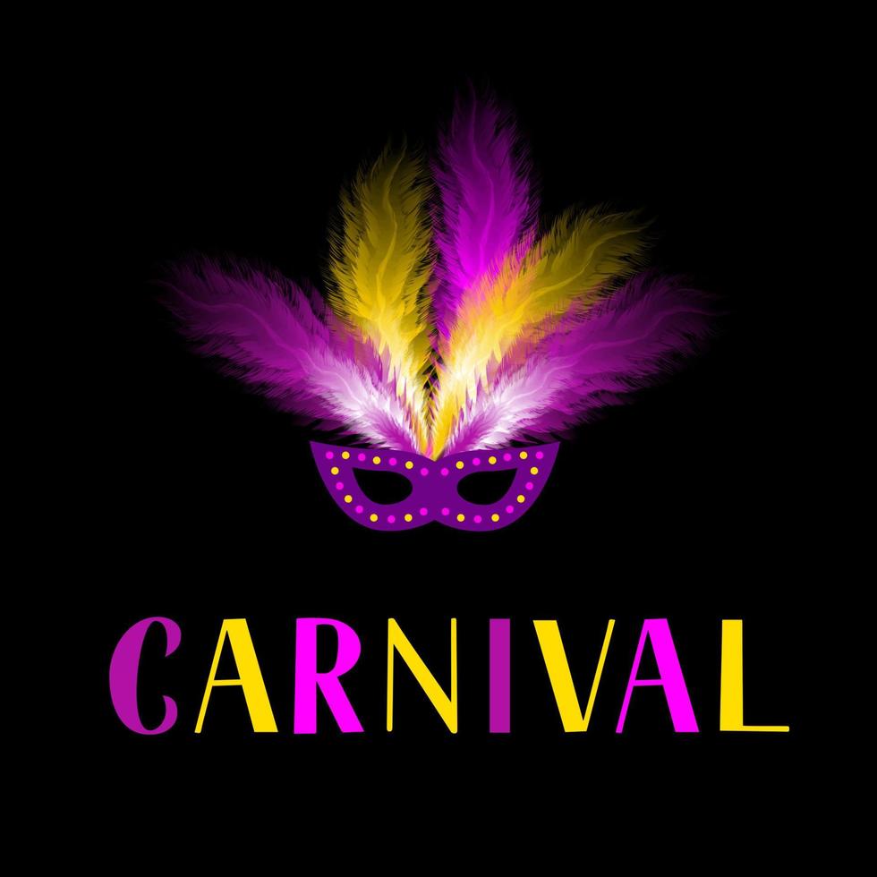 Carnival lettering with mask and colorful feather on dark background. Masquerade party poster or invitation. Vector template for carnival of Venice, Brazil, New Orleans, Oruro, Nice, etc.