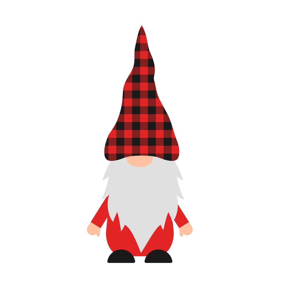 Cute cartoon gnome for Christmas or Valentines Day with red buffalo plaid hat. Scandinavian Nordic Character. Vector template for banner, poster, greeting card, t shirt, etc