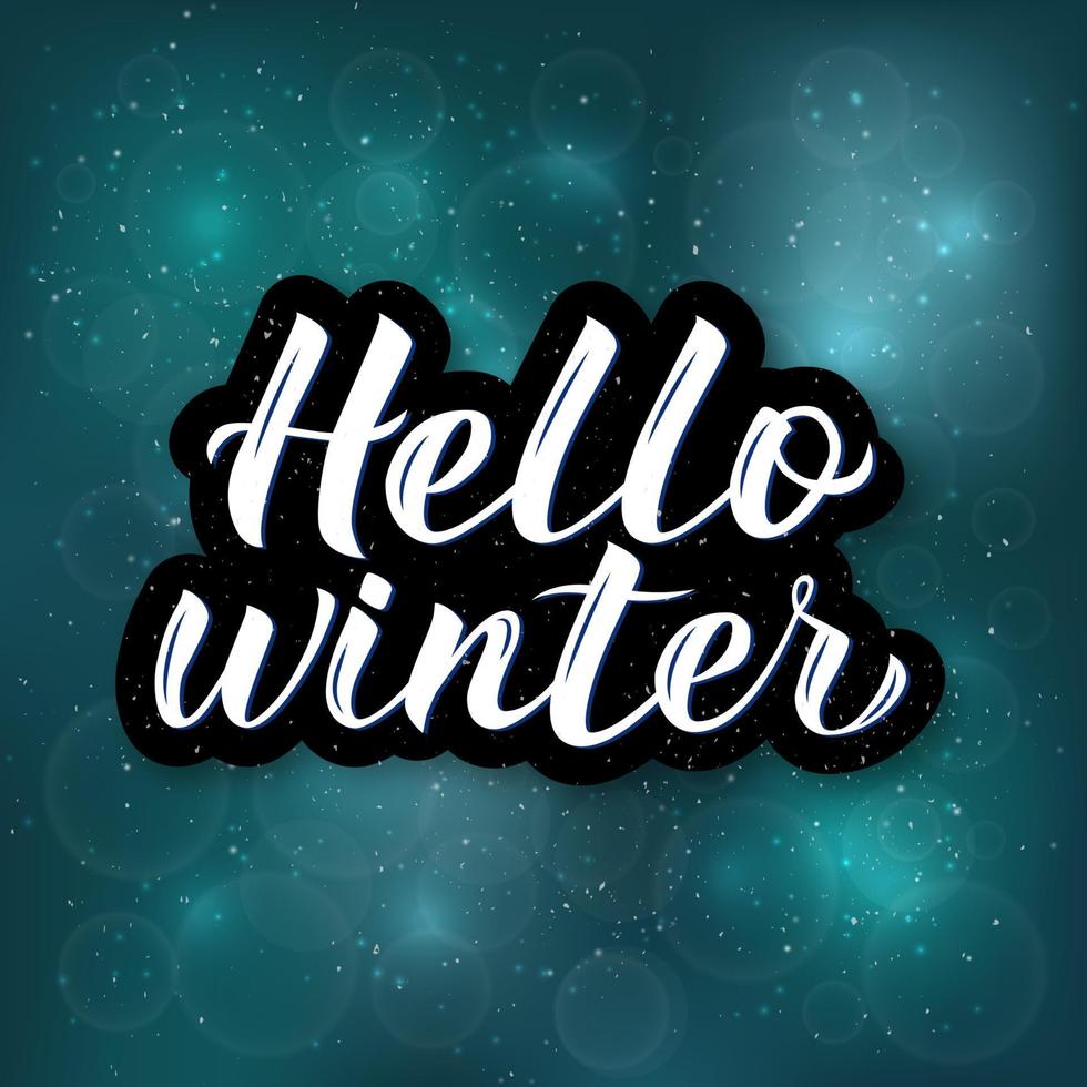 hola invierno dibujado a mano sobre fondo azul brillante nevando con bokeh. Letras de pincel de caligrafía. Ilustración de vector de estado de ánimo de vacaciones. plantilla fácil de editar