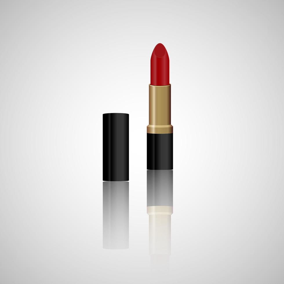 Realistic red lipstick with reflection. Makeup accessory. Fashion cosmetics vector illustration. Design for beauty salons, social media, websites, glamour catalogs, banners, mockups, etc.