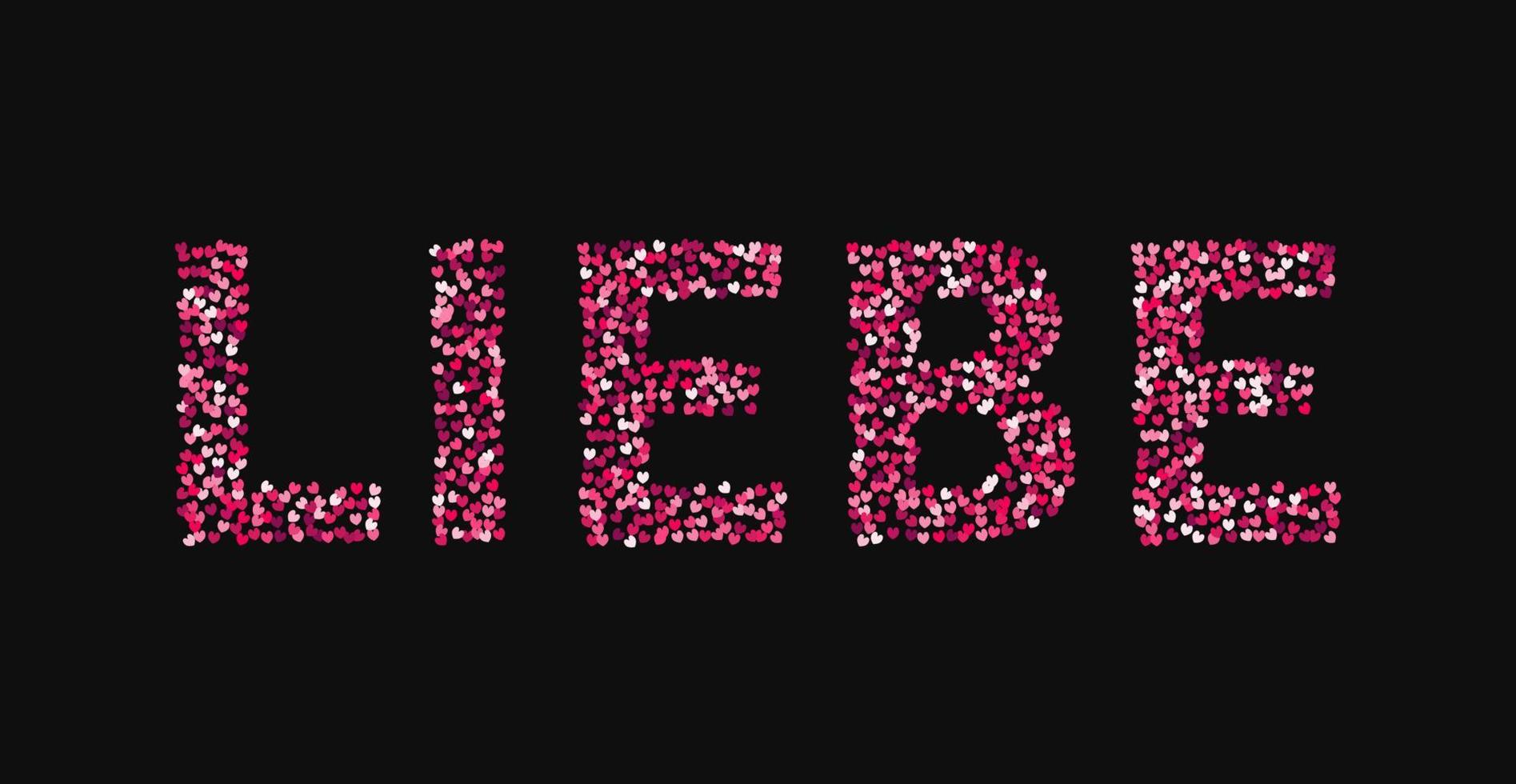 la palabra liebe formada por pequeños corazones en tonos de rojo y rosa sobre fondo negro. amor en aleman. cartel de tipografía del día de san valentín. ilustración vectorial. plantilla fácil de editar para sus proyectos de diseño. vector