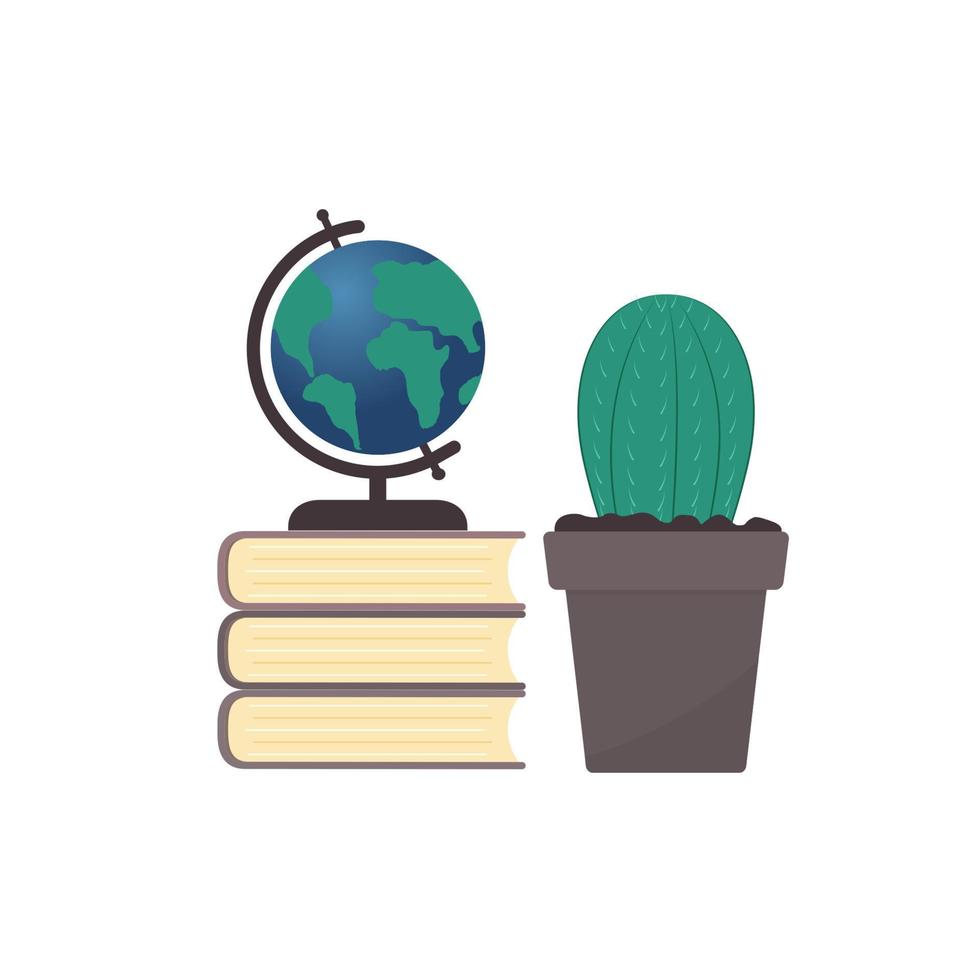 Globe on a stack of books and cactus. Flat vector illustration. Workplace of the student. Back to school and Education concept. Easy to edit design template for your websites, social media etc.