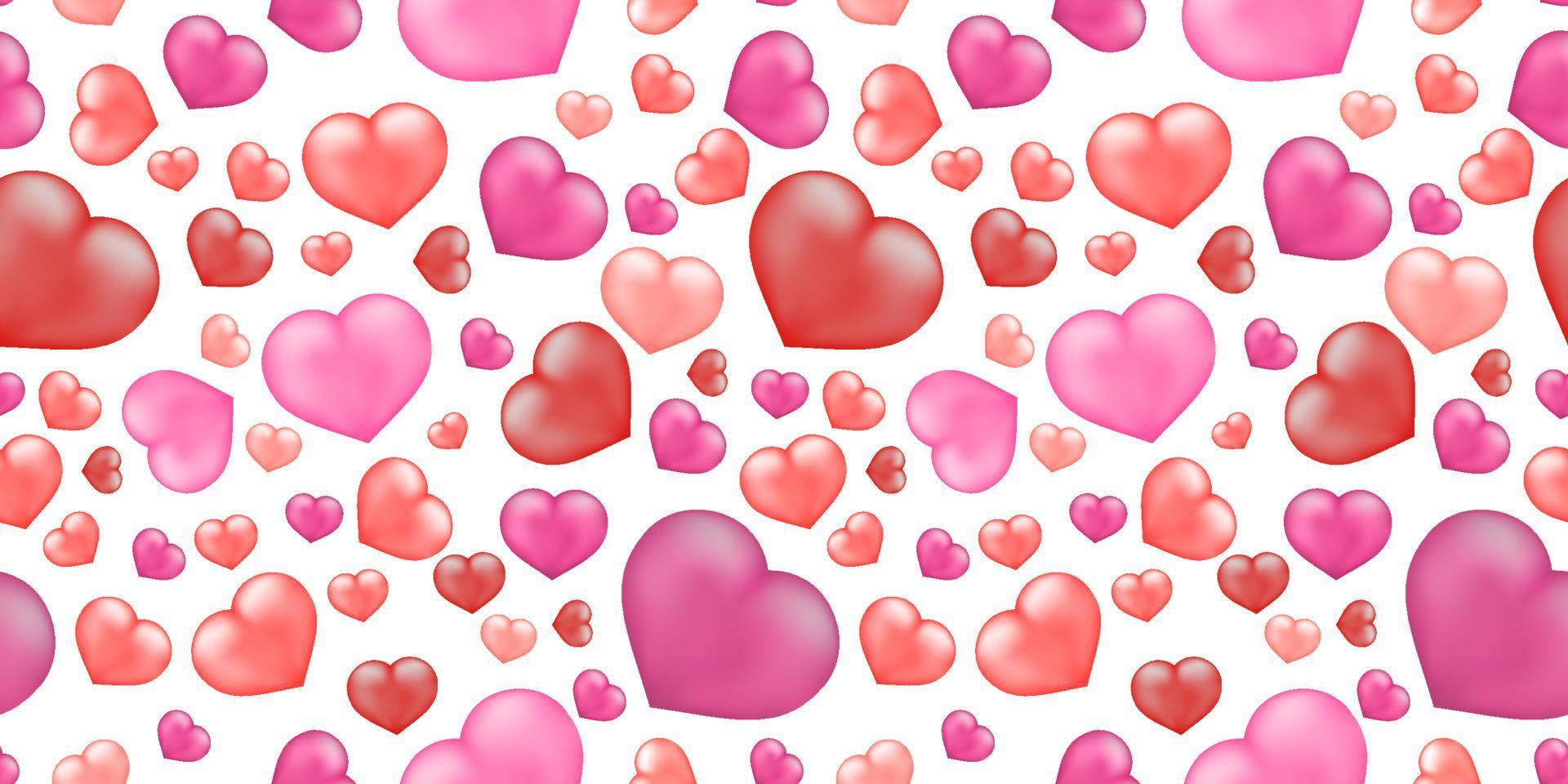 Red and pink realistic hearts on white background.3d Hearts seamless pattern. Vector illustration.Easy to edit template for Valentines day theme.