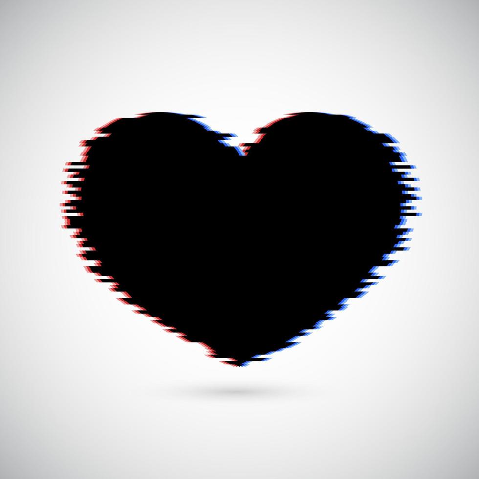 Black heart with glitch effect isolated on white background. Valentine s day greeting card. Symbol of love vector illustration. Easy to edit design template.