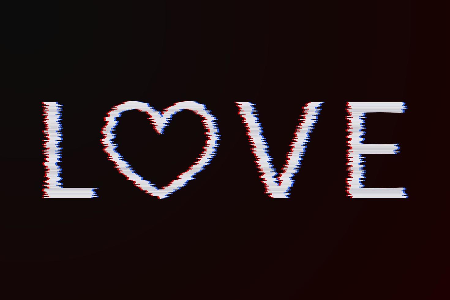 Letras de amor y corazón con efecto de falla en blanco sobre un fondo oscuro. tarjeta de felicitación del día de san valentín. símbolo de la ilustración de vector de amor. plantilla de diseño fácil de editar.
