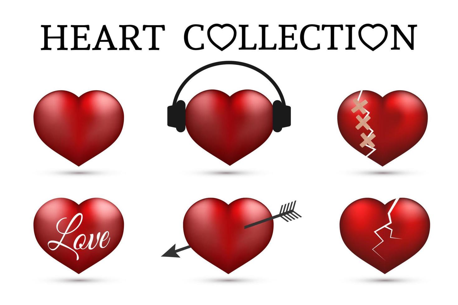 Red heart collections. Set of six realistic hearts isolated on white background. 3d icons. Valentine s day vector illustration. Love story symbol. Easy to edit design template.