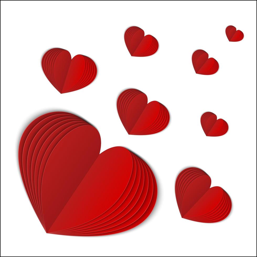Realistic 3d folded paper hearts. Flying red hearts isolated on white. Symbol of love for Valentine s day greeting card. Vector illustration. Easy to edit template for your design projects.