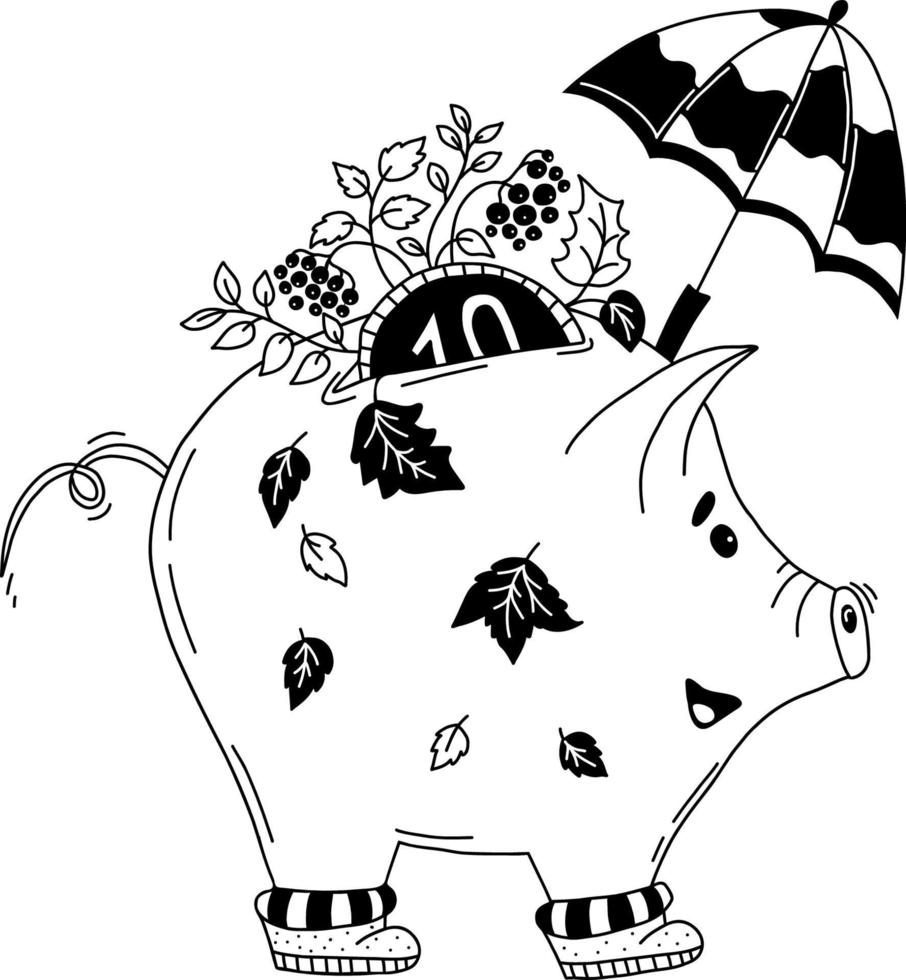 autumn piggy bank. Vector illustration. Linear hand sketch