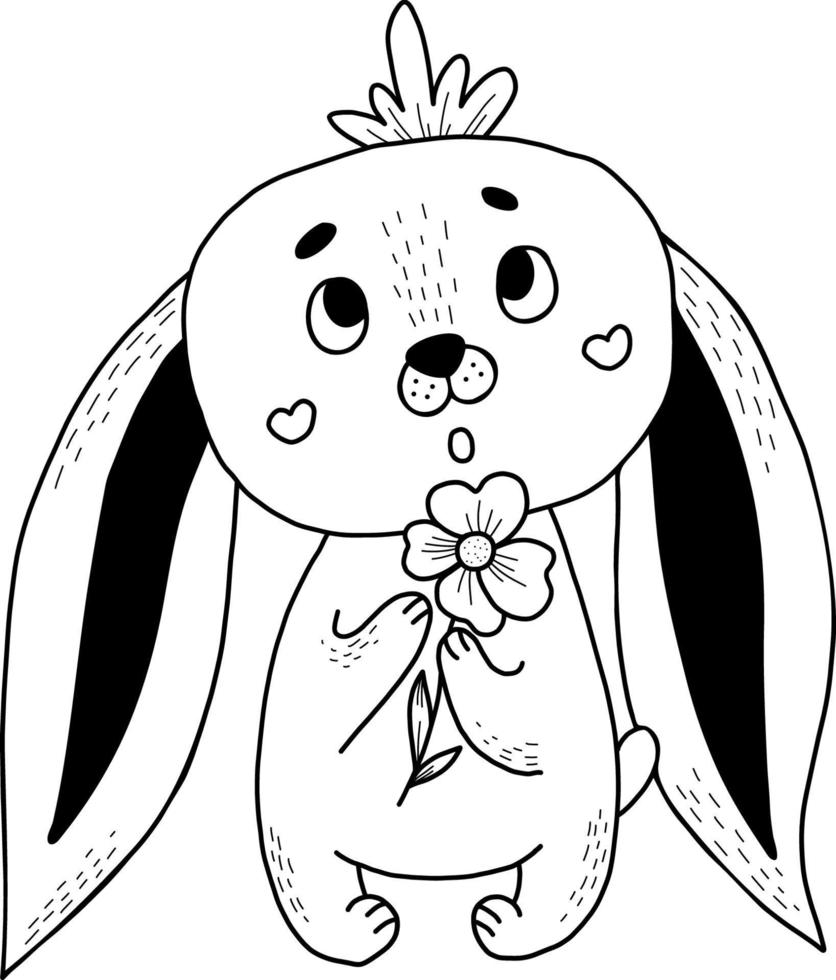 Cute bunny with flower. Vector illustration in hand drawn doodle style