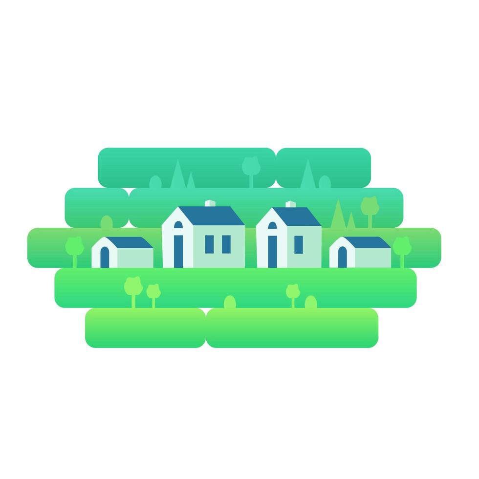 An isolated element, a day landscape with small houses, against a background of grass, nature, hills. Vector illustration in flat style for design, games or web sites