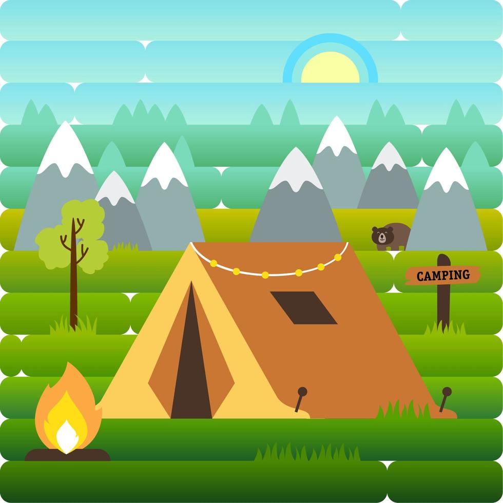 Sunny day landscape illustration in flat style with tent, campfire, mountains, forest and mountains. Background for summer camp, nature tourism, camping or hiking design concept vector