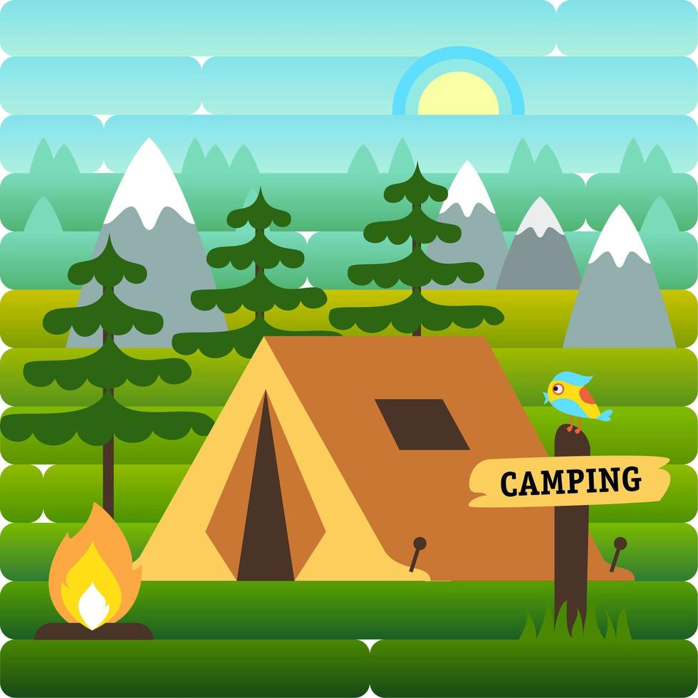 Sunny day landscape illustration in flat style with tent, campfire, mountains, trees and mountains. Background for summer camp, nature tourism, camping or hiking design concept vector