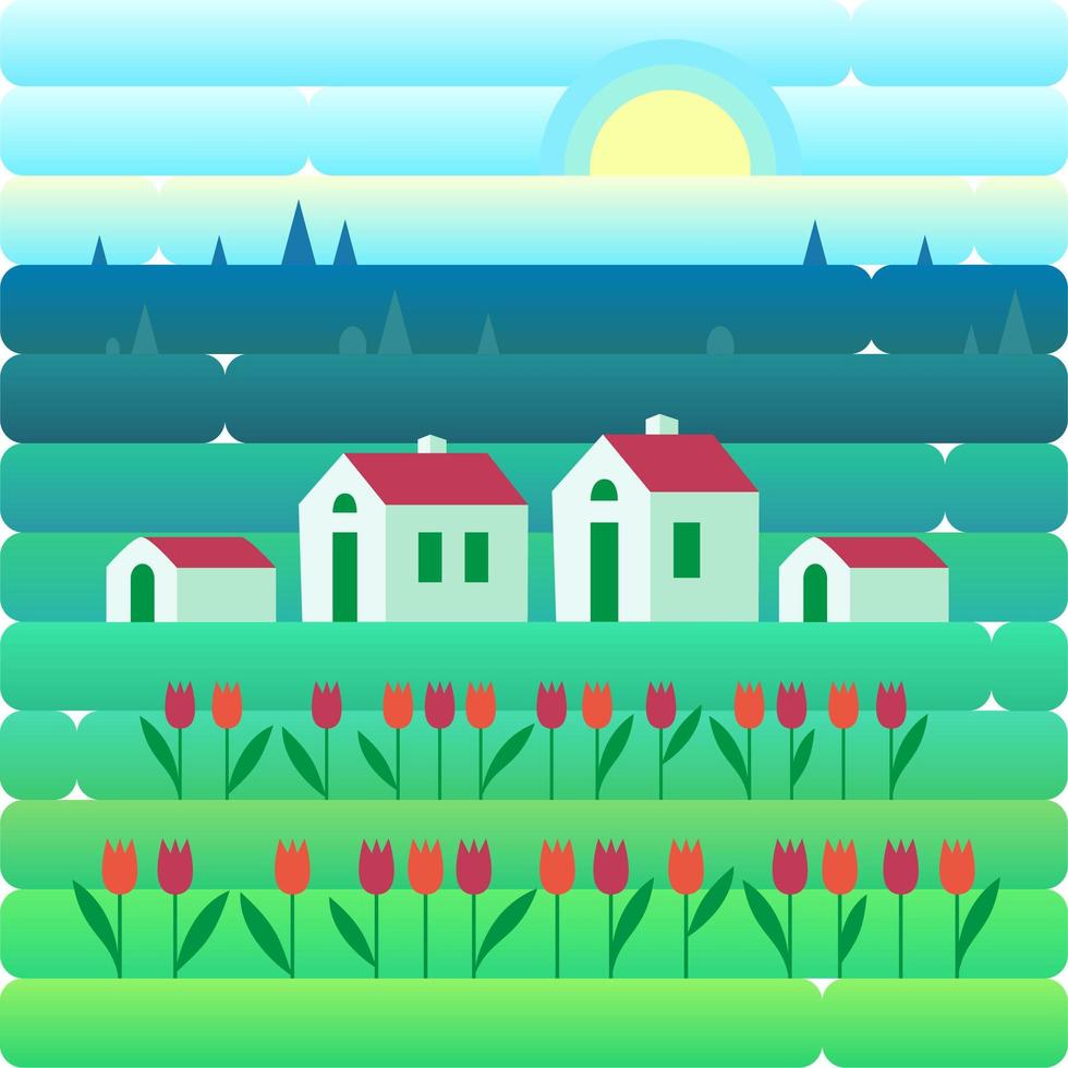 Countryside landscape in nature with flowers and blue sky. Vector illustration in flat and gradient style