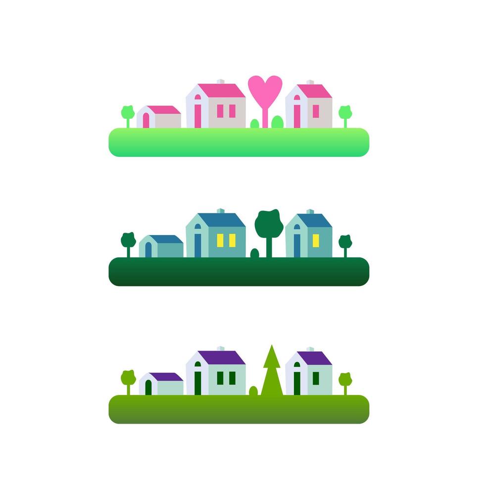 An set isolated element, landscape with small houses, on grass, nature, hills and trees. Vector illustration in flat style for design, games or web sites