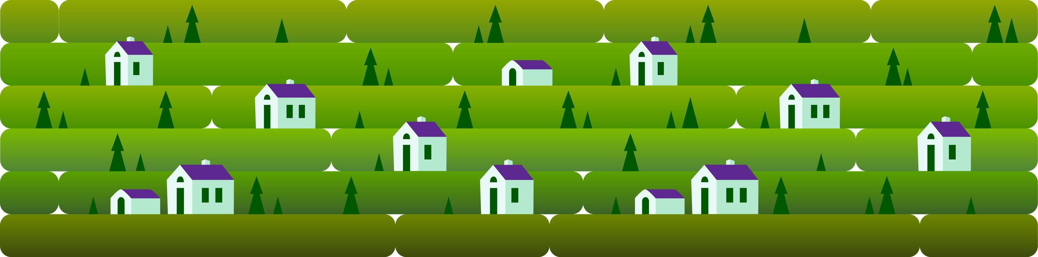 Banner a evening landscape with small houses, against a background of grass, nature, hills. Vector illustration in flat style for design, games or web sites