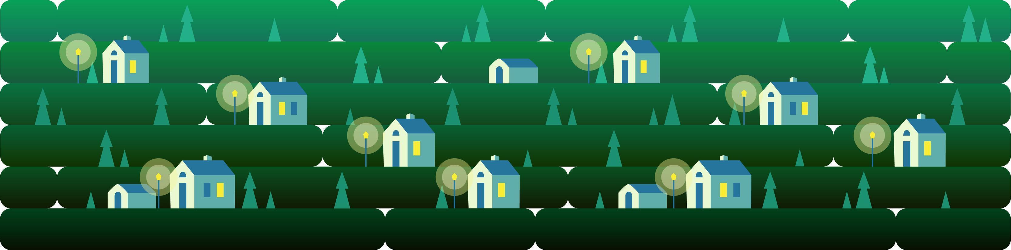 Banner a night landscape with small houses and street lamp, against a background of grass, nature, hills. Vector illustration in flat style for design, games or web sites