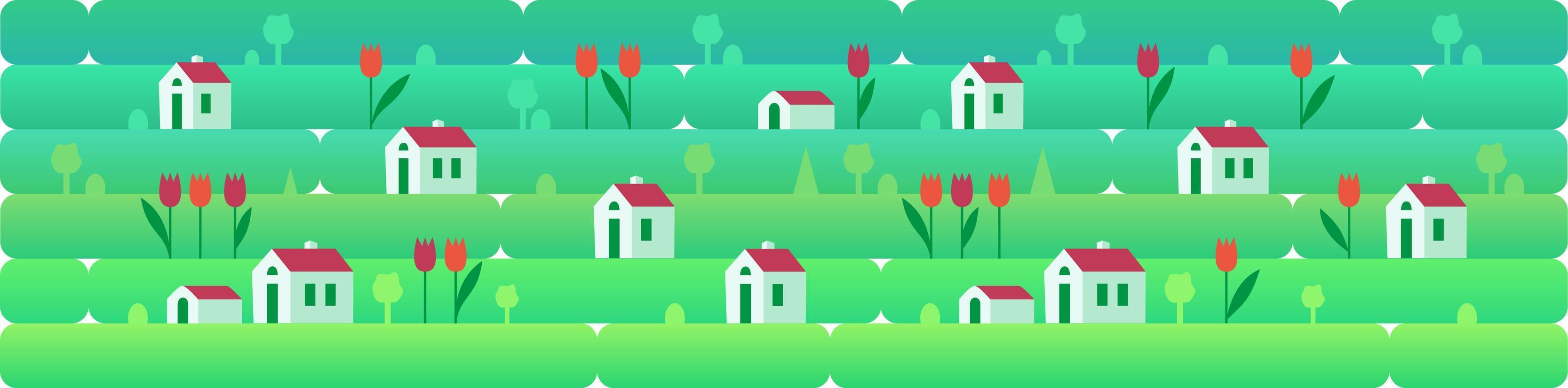 Banner a sammer or spring day landscape with small houses and red tulips, against a background of grass, nature, hills. Vector illustration in flat style for design, games or web sites