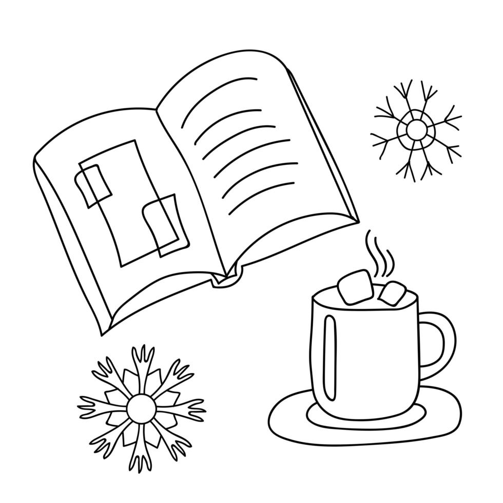 Linear set. Ccup of Chocolate with Marshmallows, open book and snowflakes. Winter Hygge. Vector illustration in Scandinavian, Nordic style. Hand drawn line art
