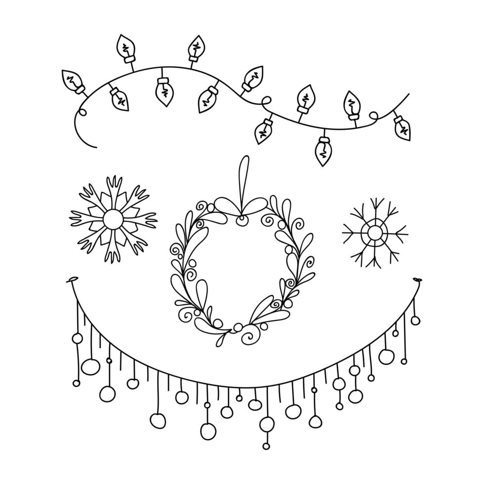 Doodle set winter decoration. Linear light bulbs, garland of lanterns, wreath of leaves and snowflakes. Winter Hygge. Vector illustration in Scandinavian, Nordic style. Hand drawn line art